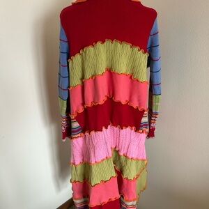 Colorful Patchwork Ruffle Trim Knit Cardigan Open Front Longline